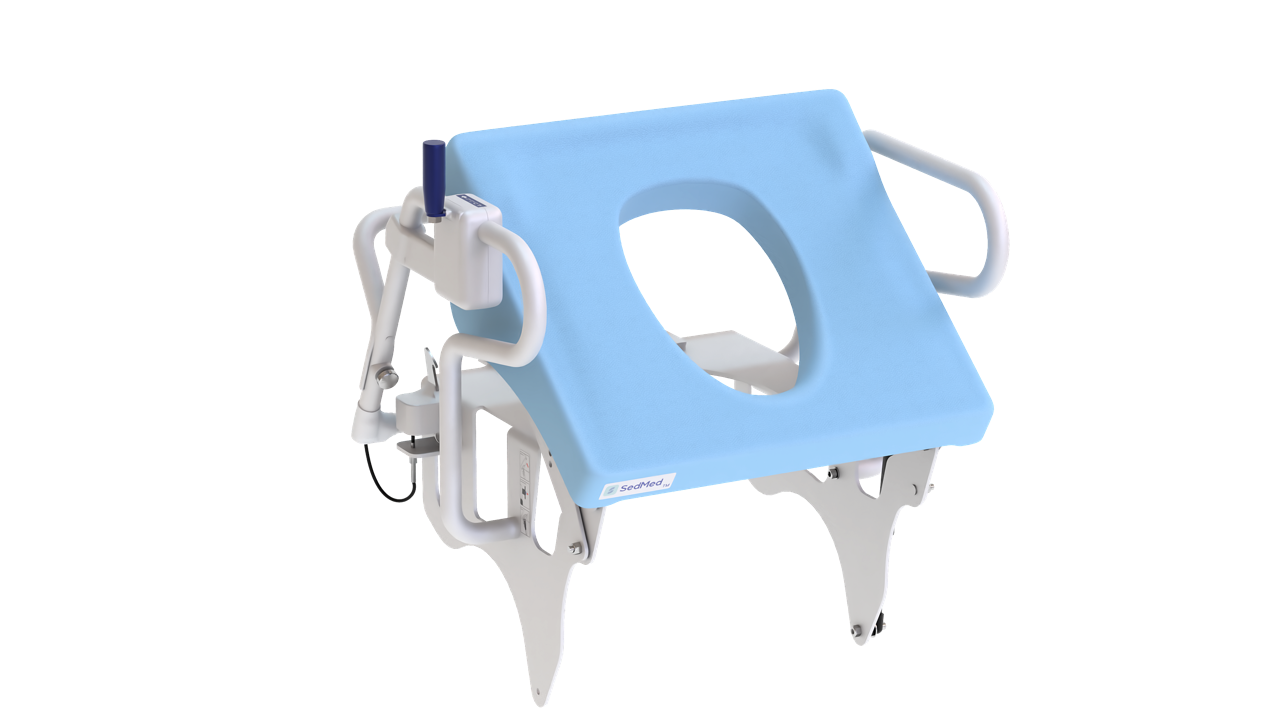 Isolated view of SedMed Toilet Lift Assist with a blue padded seat and white safety handrails