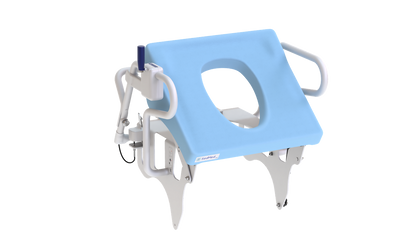 Isolated view of SedMed Toilet Lift Assist with a blue padded seat and white safety handrails