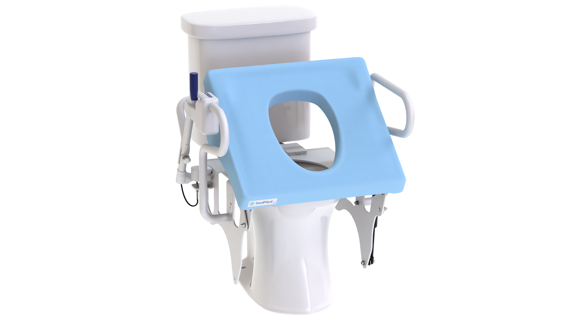 SedMed Toilet Lift Assist with light blue padded seat installed on a toilet