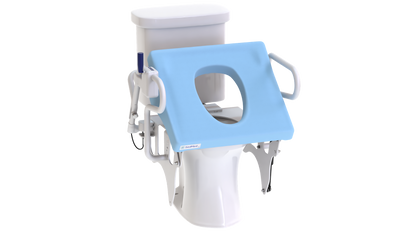 SedMed Toilet Lift Assist with light blue padded seat installed on a toilet