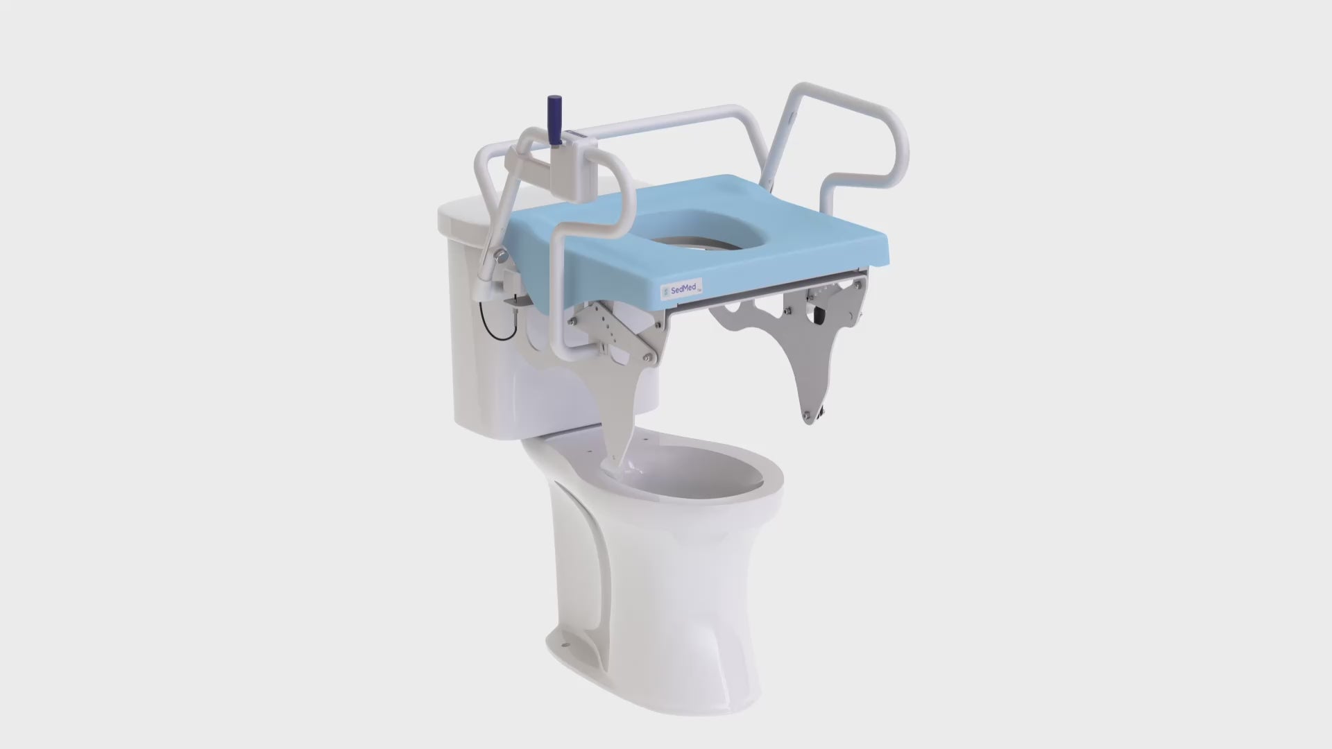 SedMed Toilet Lift Assist with light blue padded seat installed on a standard toilet